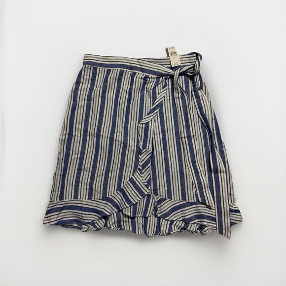 Loft Striped Ruffle Wrap Skirt Linen Blue White Striped Preppy Size 0 NWT - Picture 1 of 7